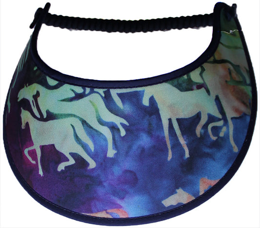 Ladies foam sun visor with horses, background colors of aquamarine, blue and purple