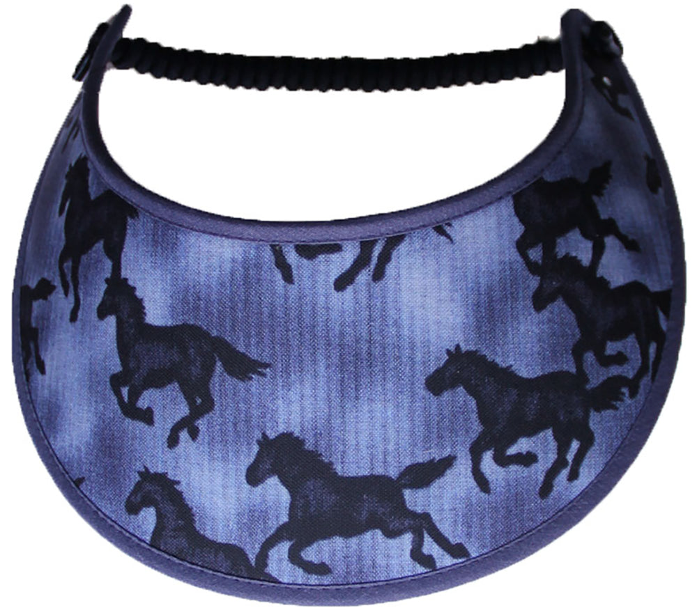 Ladies foam sun visor with horse silhouettes on faded blue background