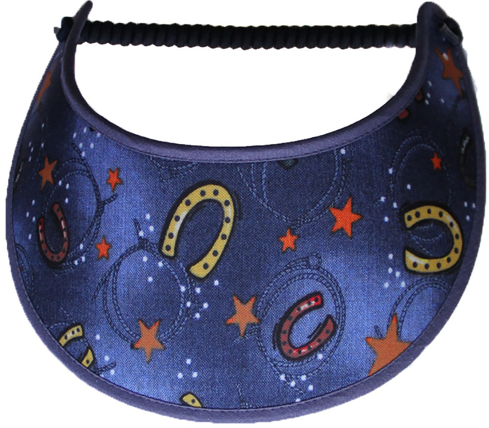 Ladies sun visor with horseshoes and stars on faded blue back