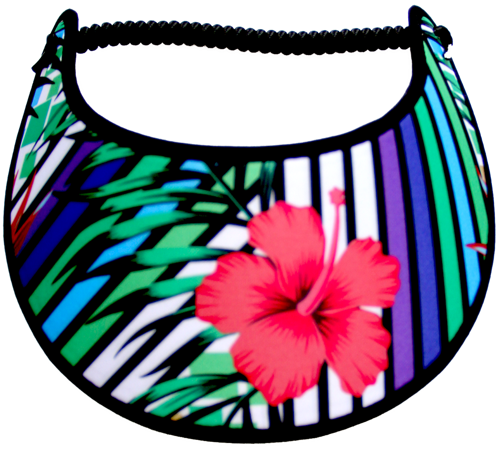 HIBISCUS ON COLORFUL STRIPS AND LEAVES...EDGES TRIMMED WITH BLACK  FABRIC