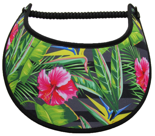 Sun Visor with Tropical Leaves and Hibiscus, Black Trim