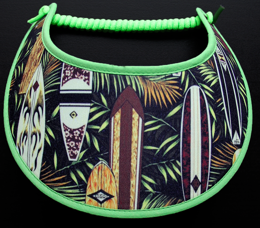 Sun Visor with Surfboards in Tropical Leaves, Lime Green Trim