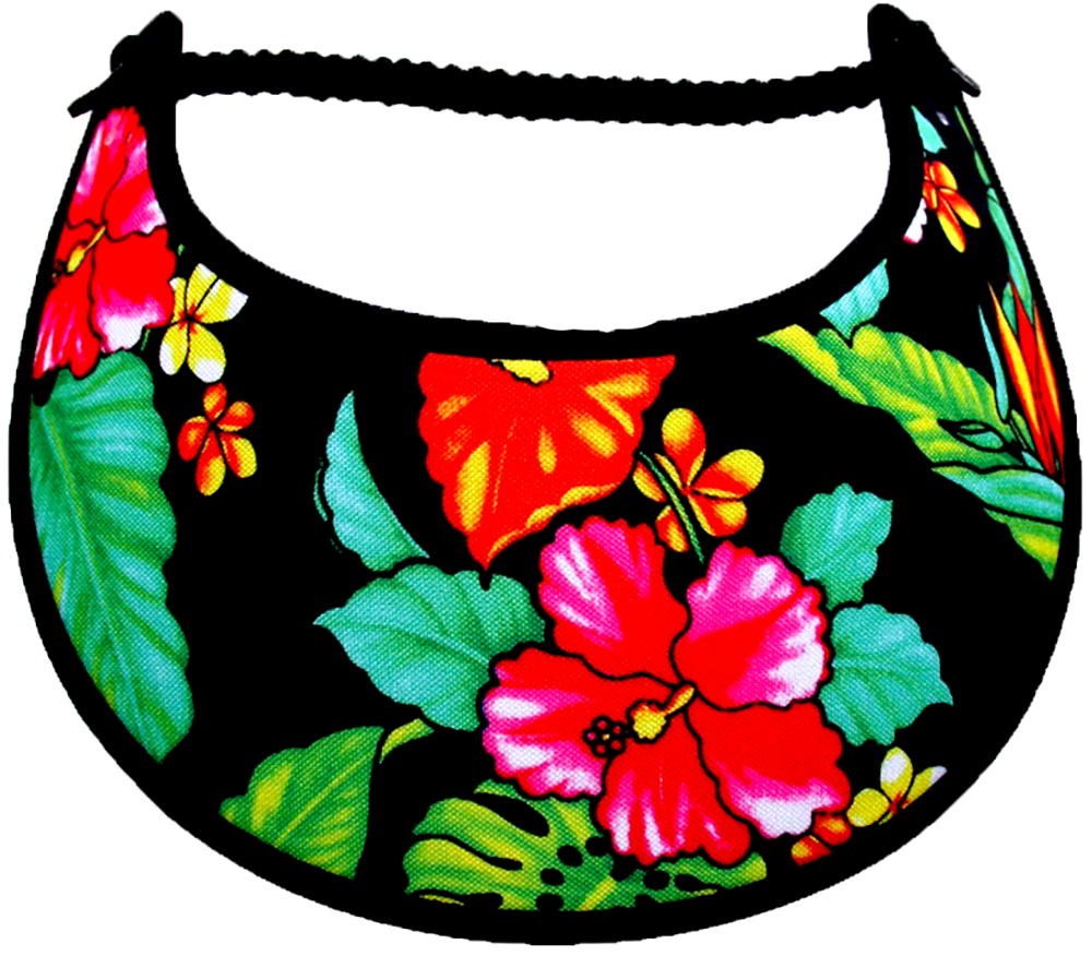 Ladies sun visor with hibiscus and leaves on black