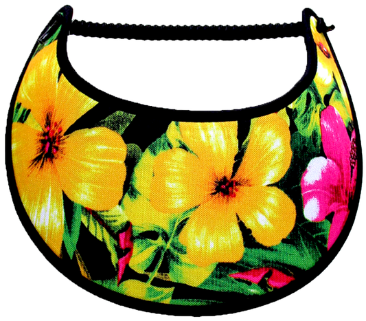 Ladies sun visor with large yellow and pink flowers on black