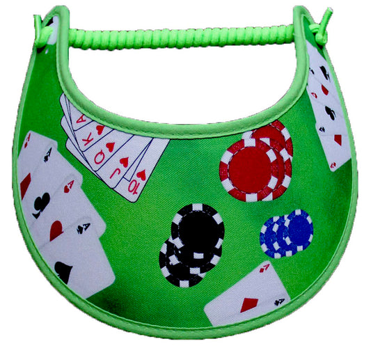 Foam sun visor with cards dice and chips on green