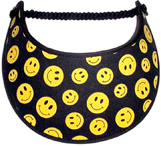 Foam sun visor with yellow smiley faces on black