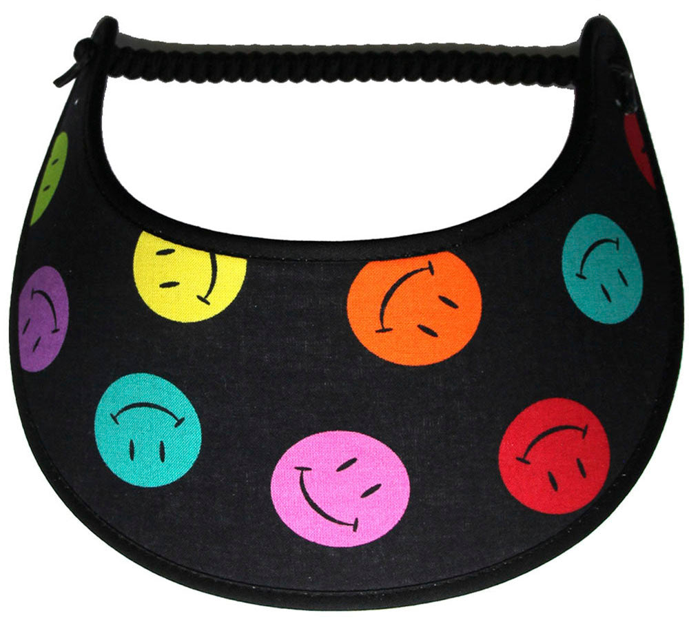 Foam sun visor with multicolored smiley faces on black