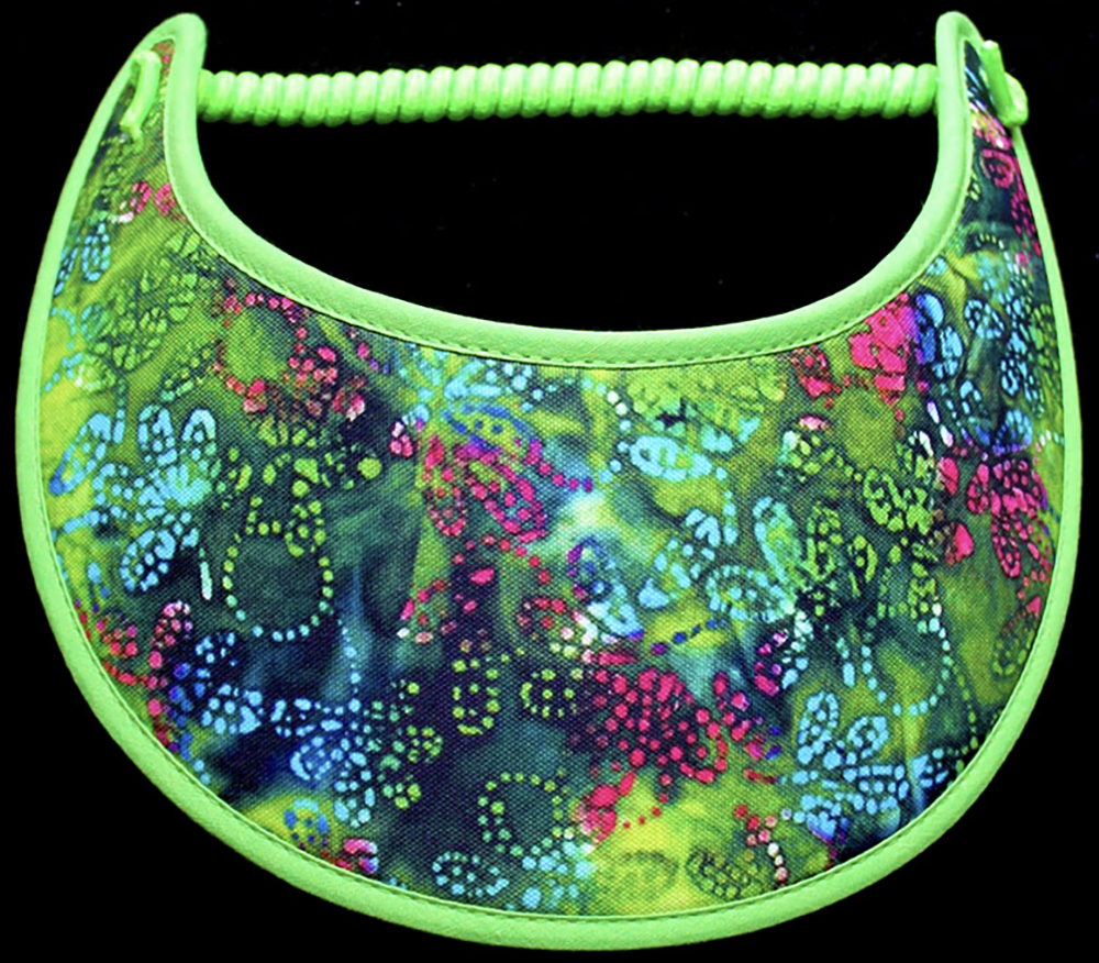 Foam sun visor with design in lime green, blue & bright pink